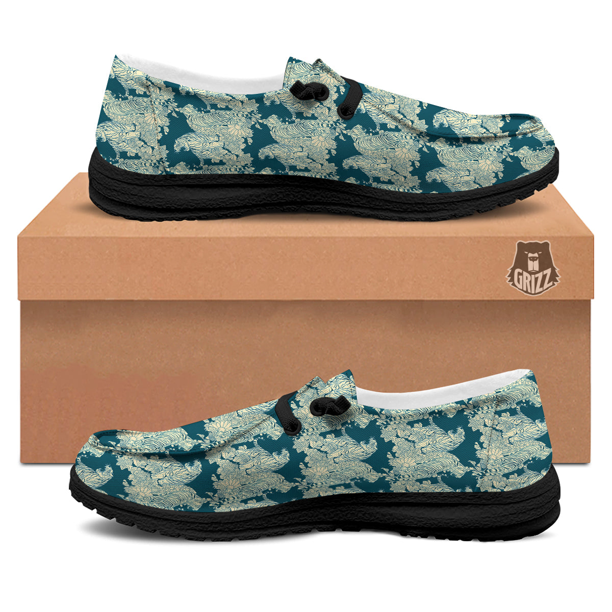 White Tiger Japanese Print Pattern Black Loafers-grizzshop