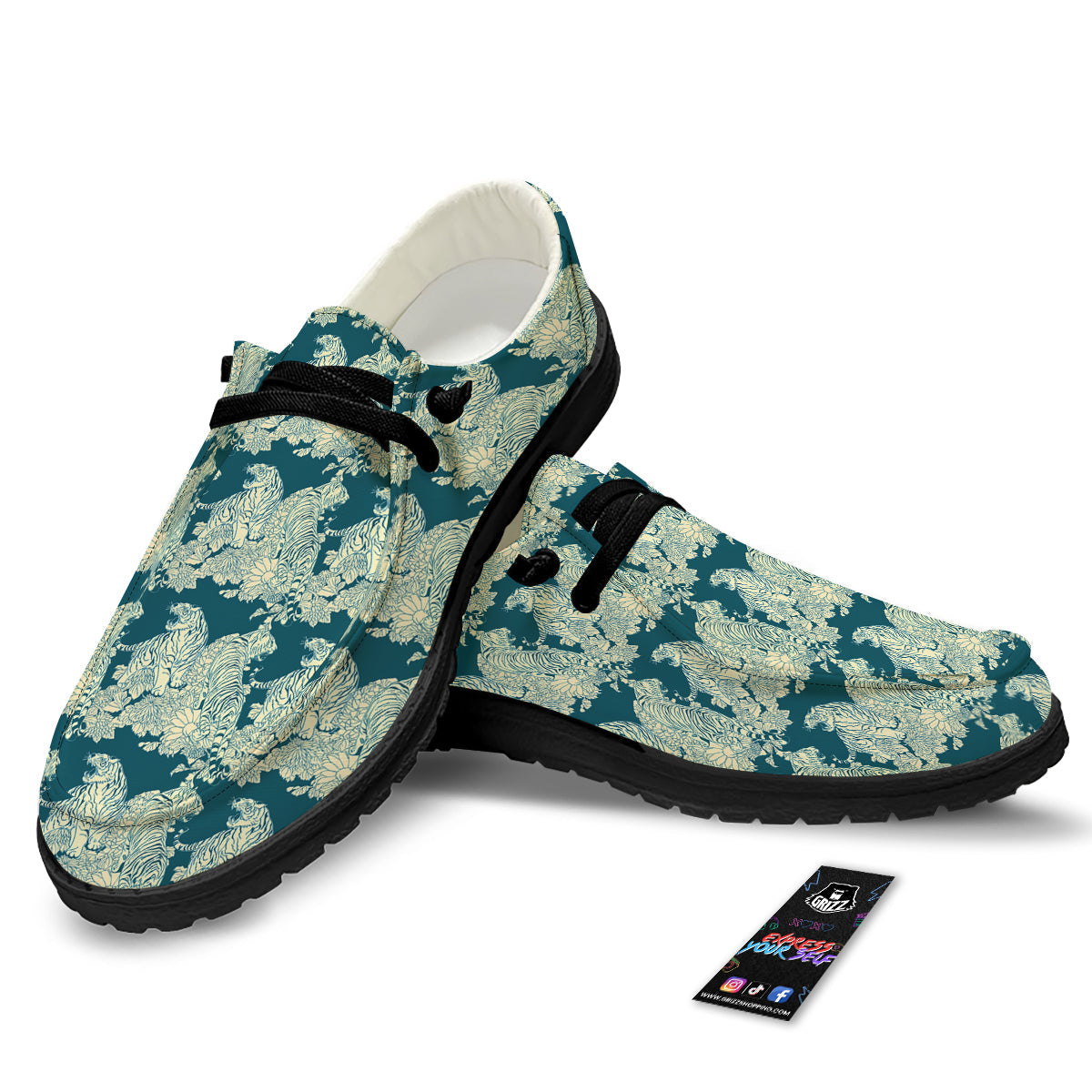 White Tiger Japanese Print Pattern Black Loafers-grizzshop