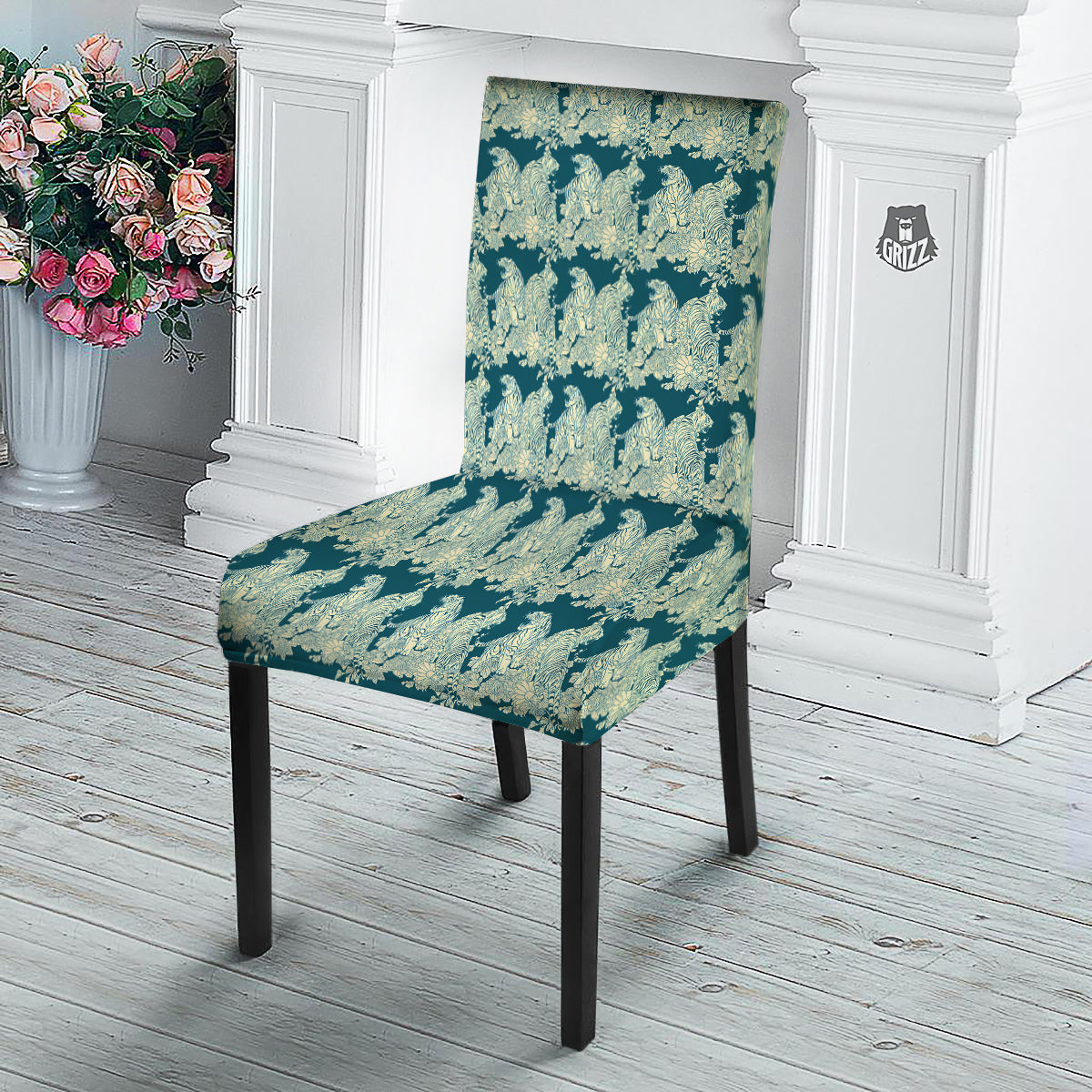 White Tiger Japanese Print Pattern Dining Chair Slipcover-grizzshop
