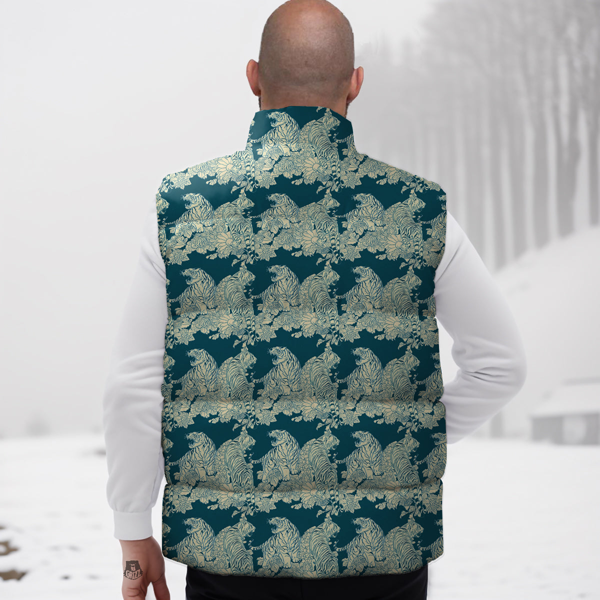 White Tiger Japanese Print Pattern Down Vest