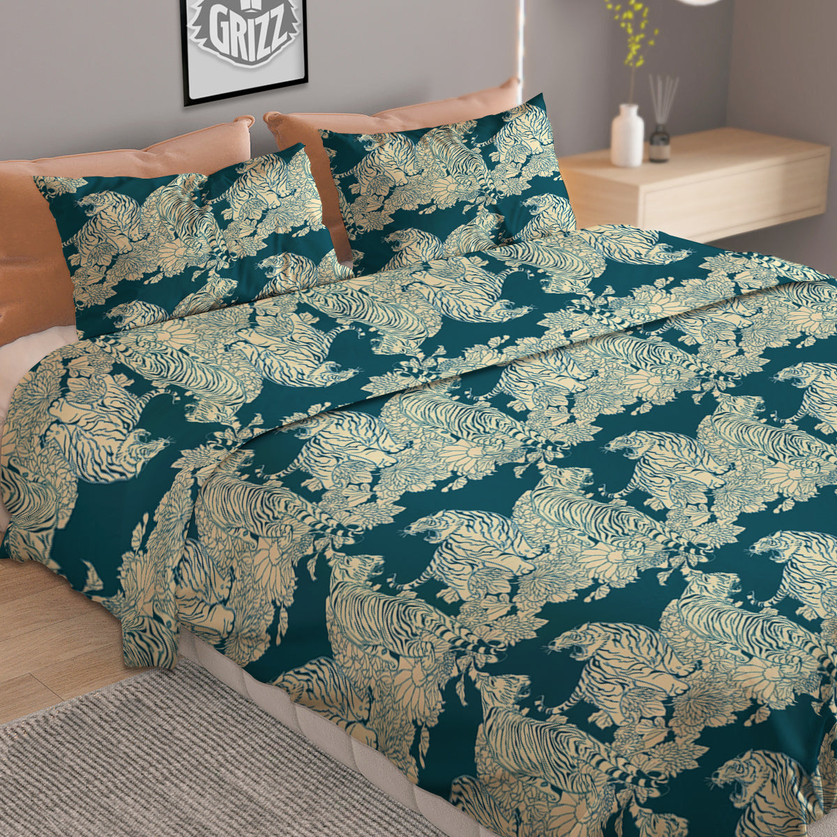 White Tiger Japanese Print Pattern Duvet Cover Bedding Set