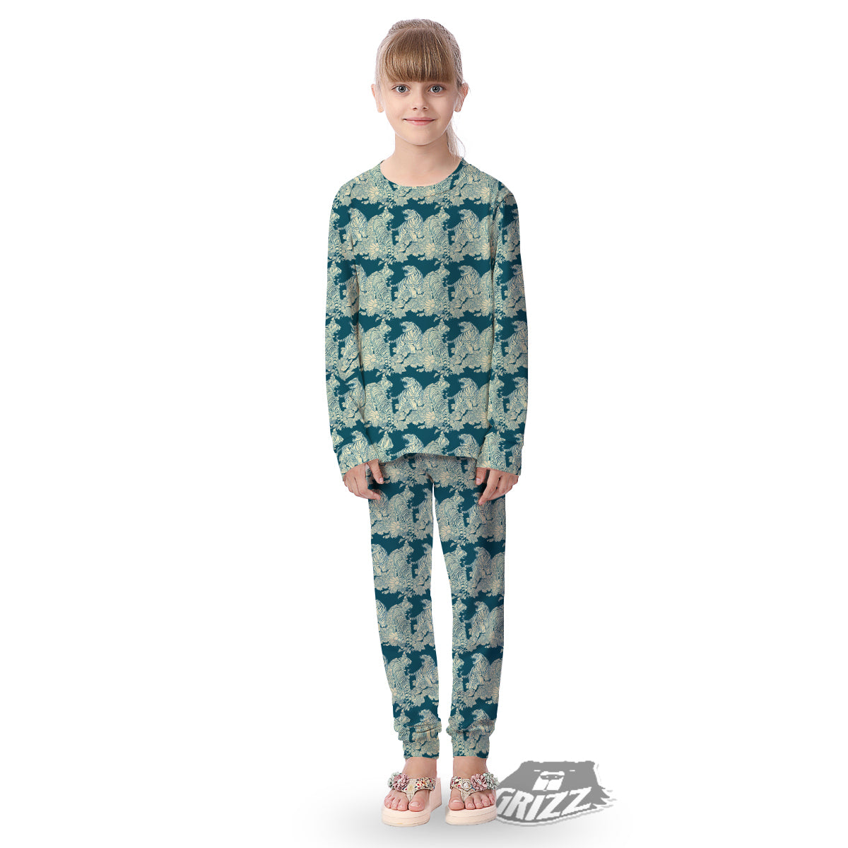 White Tiger Japanese Print Pattern Kid's Pajamas-grizzshop