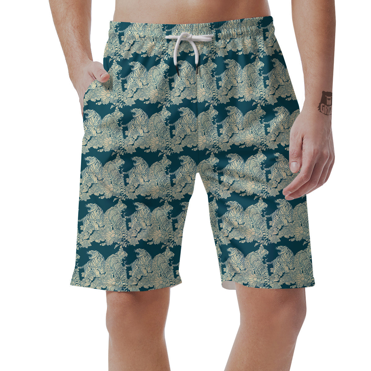 White Tiger Japanese Print Pattern Men's Shorts-grizzshop