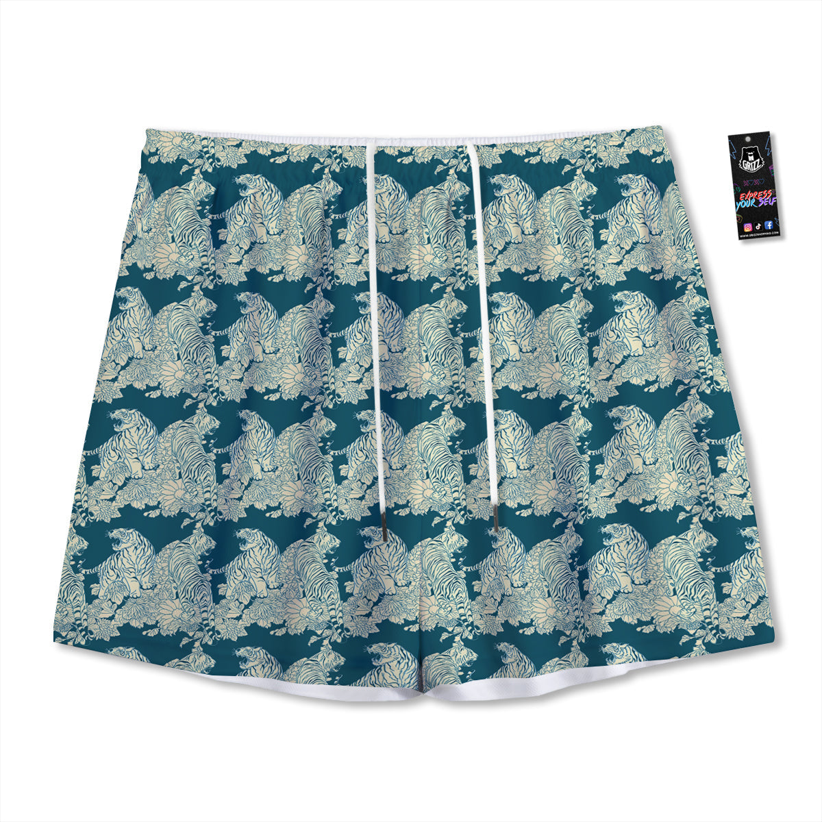 White Tiger Japanese Print Pattern Mesh Shorts