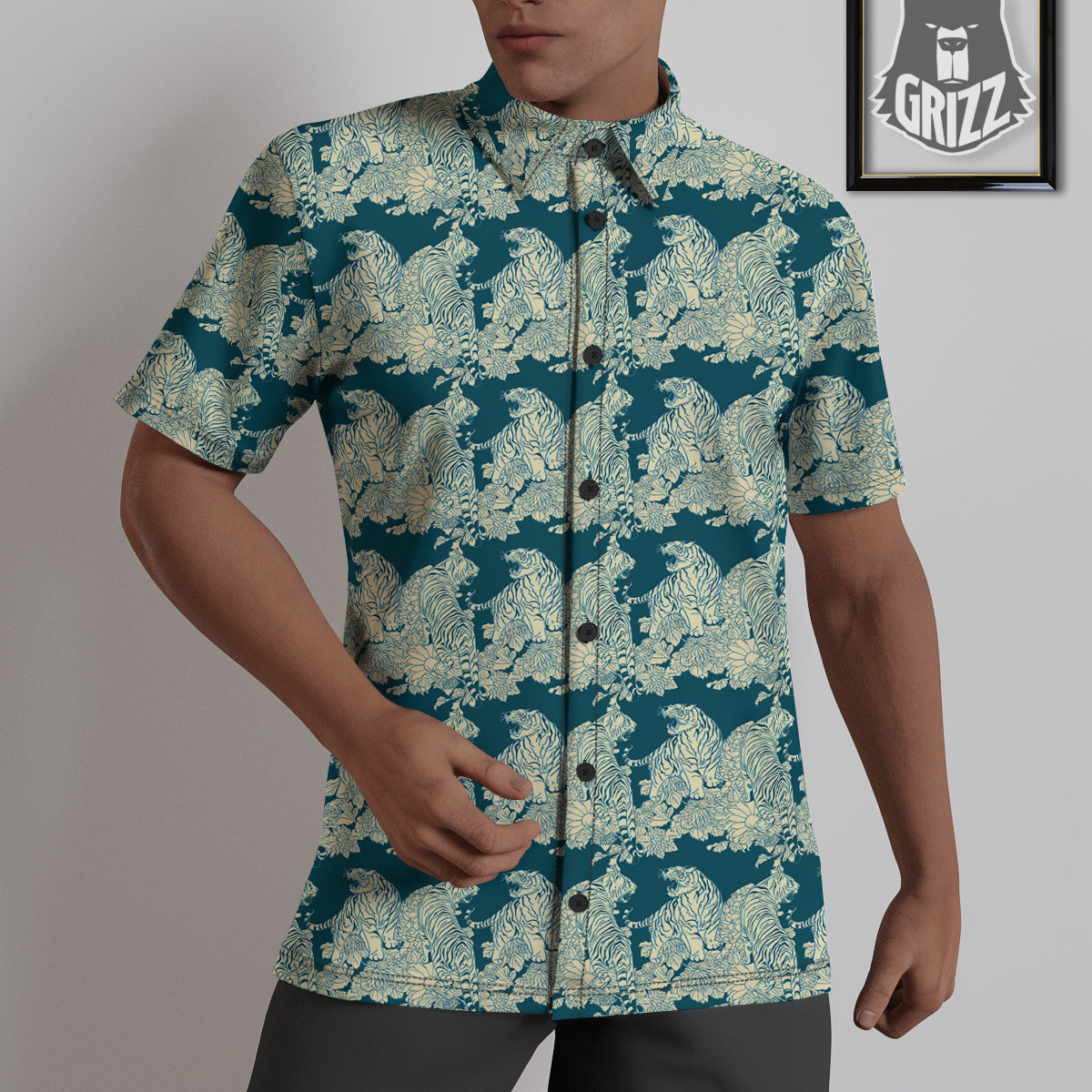White Tiger Japanese Print Pattern Untucked Shirts-grizzshop