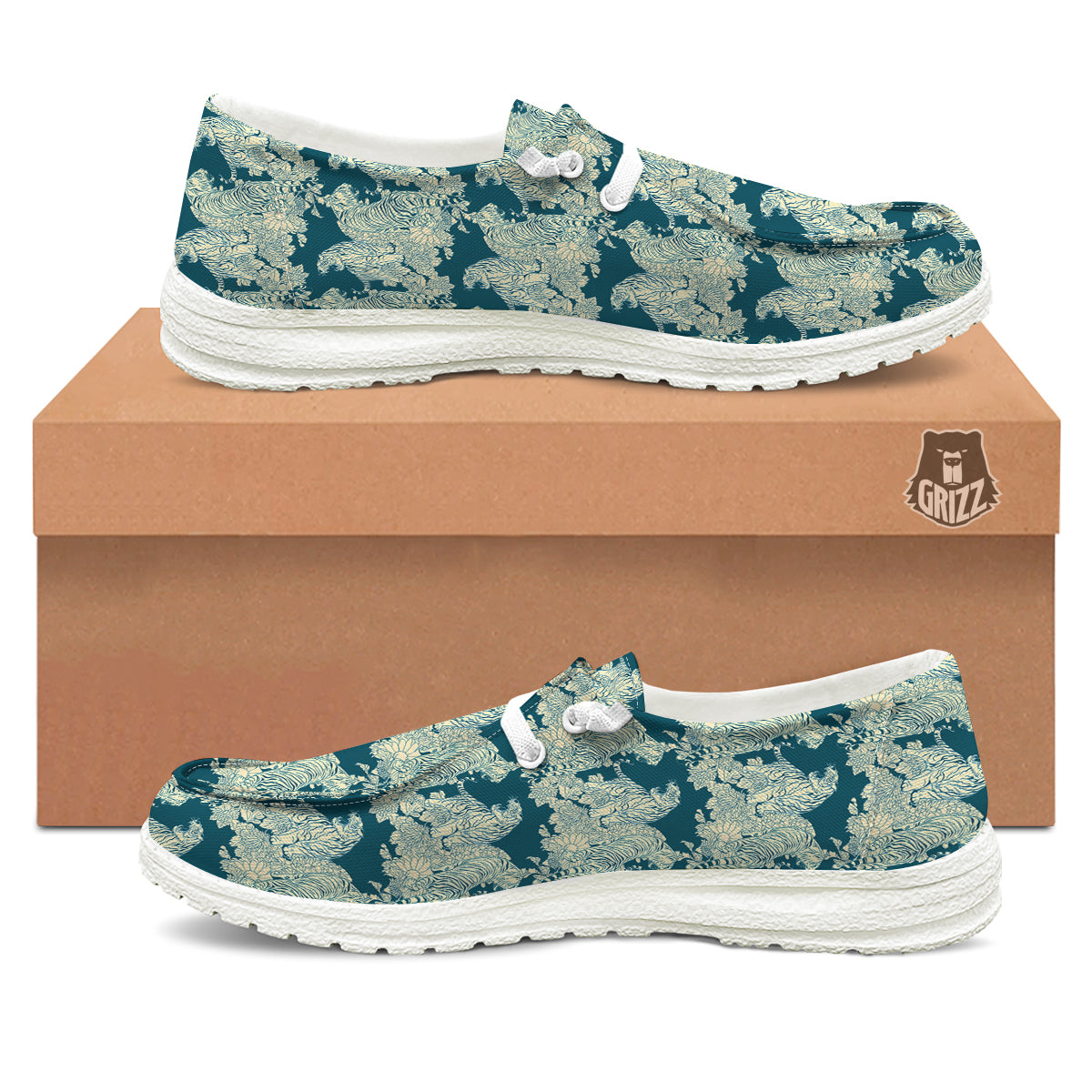 White Tiger Japanese Print Pattern White Loafers-grizzshop