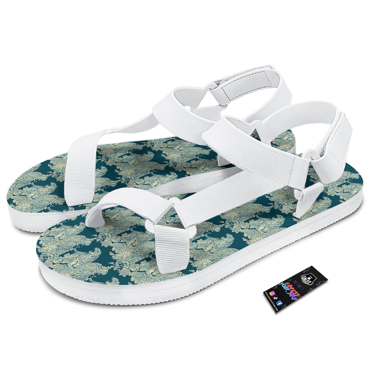 White Tiger Japanese Print Pattern White Open Toe Sandals-grizzshop