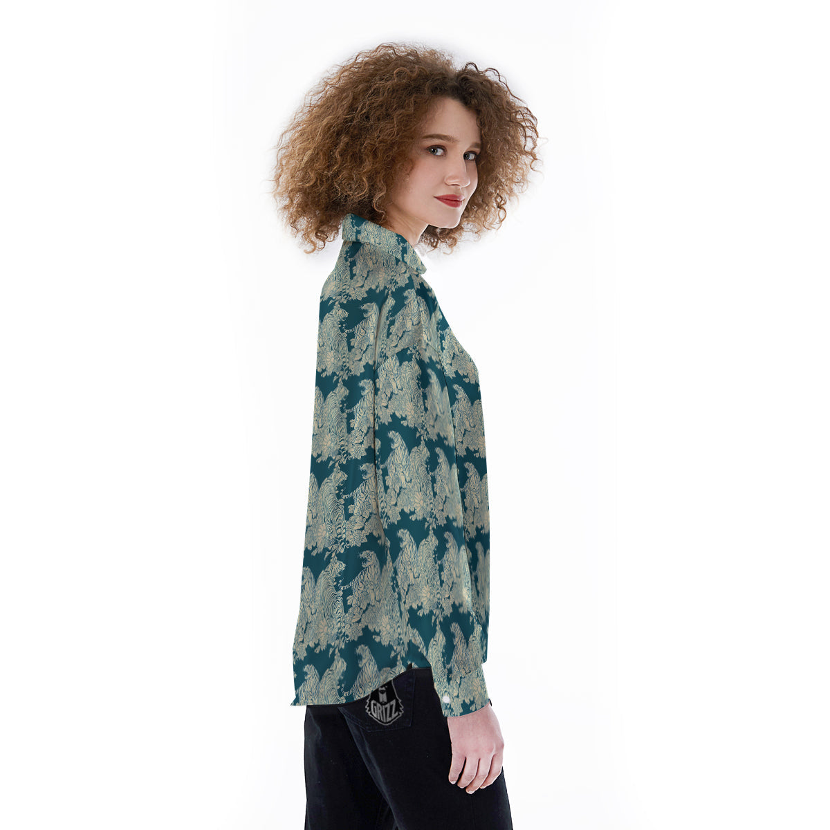 White Tiger Japanese Print Pattern Women's Long Sleeve Shirts-grizzshop