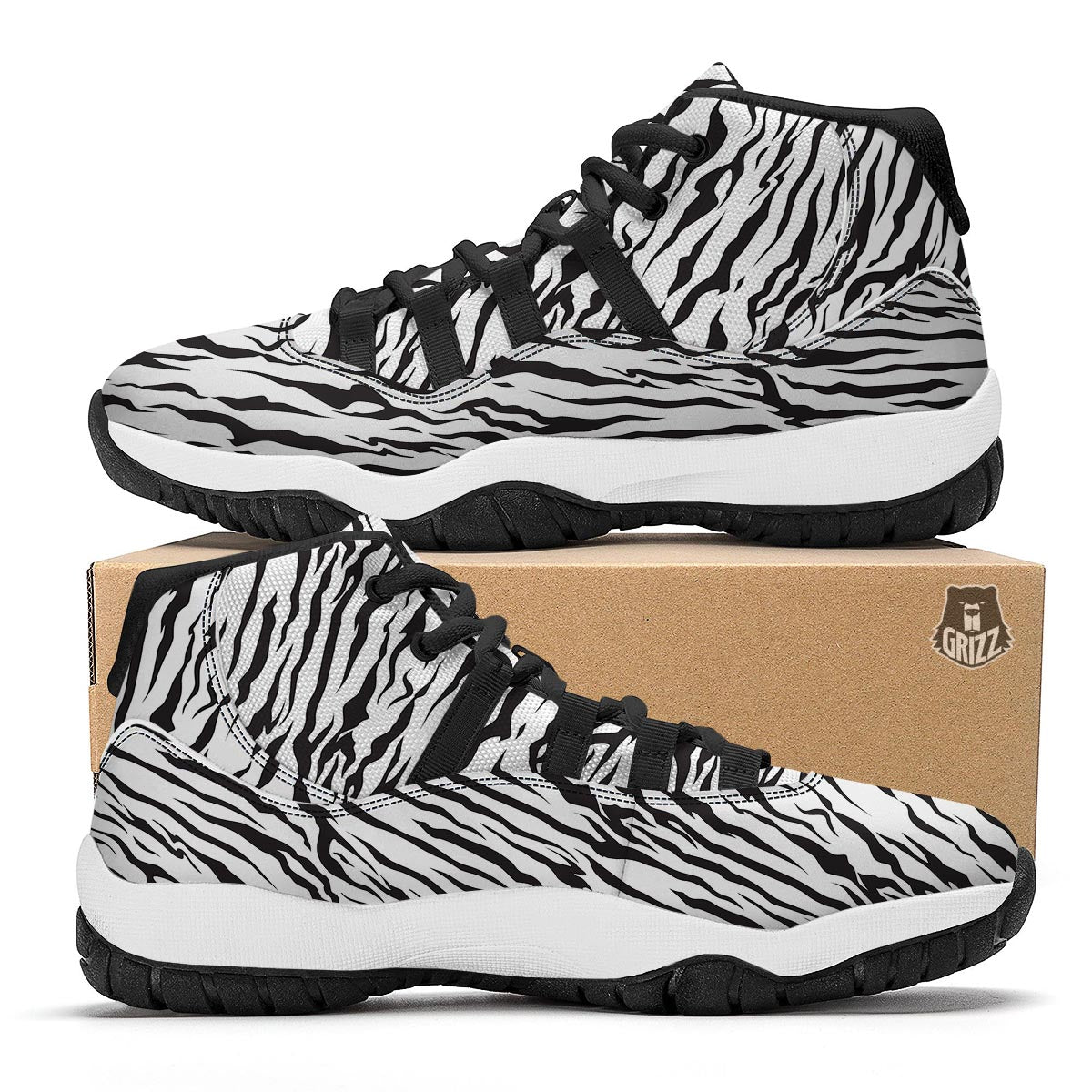 White Tiger Skin Print Black Bball Shoes-grizzshop