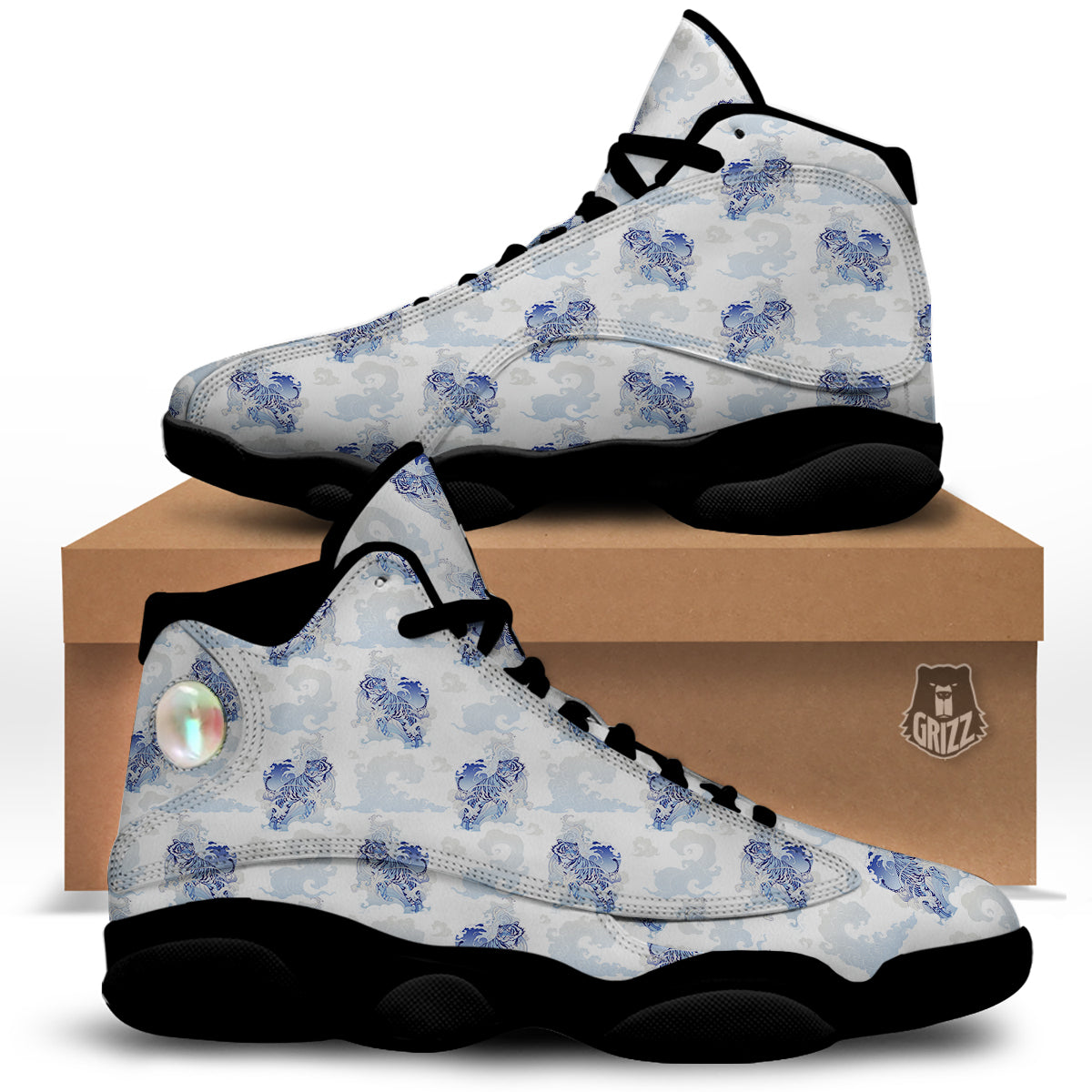 White Tiger Tattoo Japanese Print Pattern Black Basketball Shoes-grizzshop