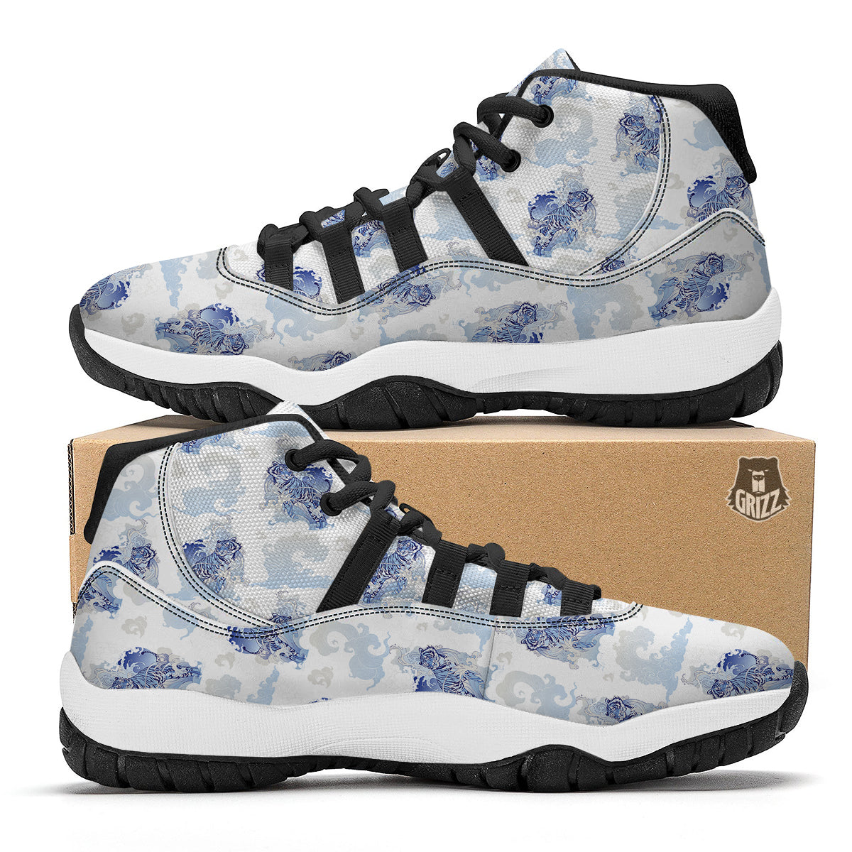 White Tiger Tattoo Japanese Print Pattern Black Bball Shoes-grizzshop