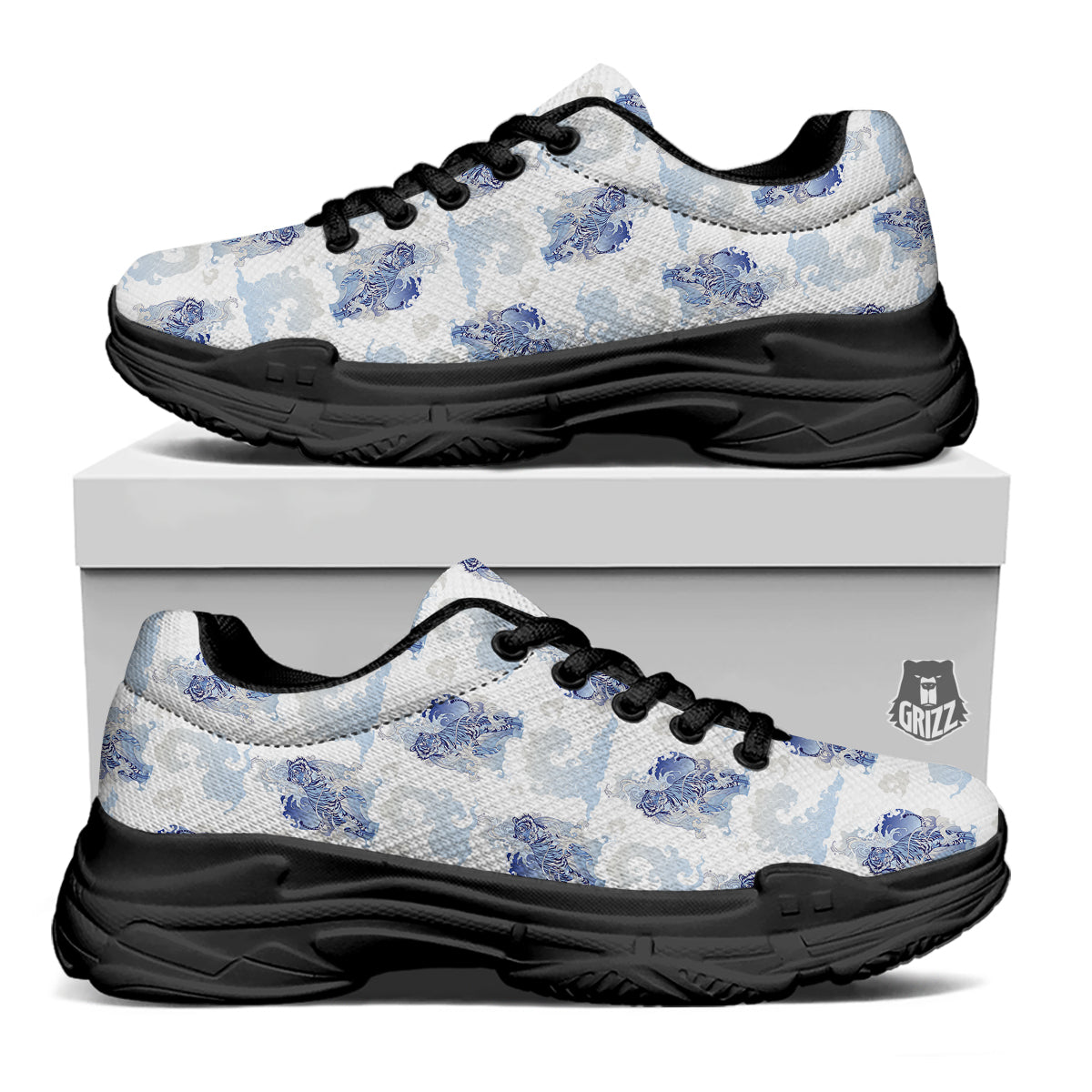 White Tiger Tattoo Japanese Print Pattern Black Chunky Shoes-grizzshop