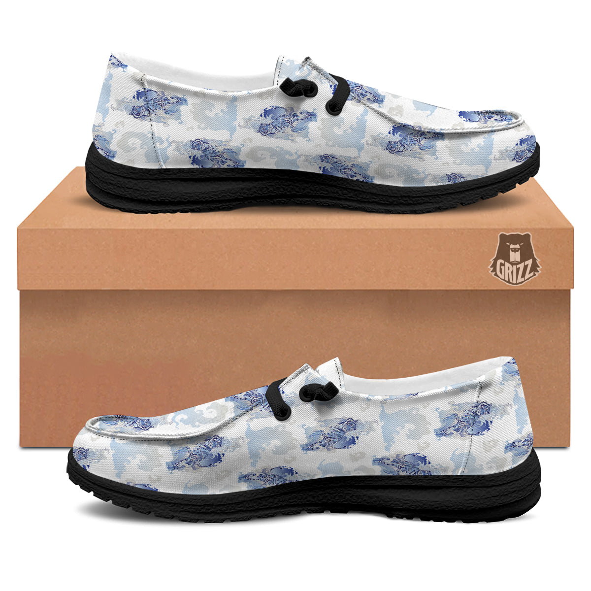 White Tiger Tattoo Japanese Print Pattern Black Loafers-grizzshop