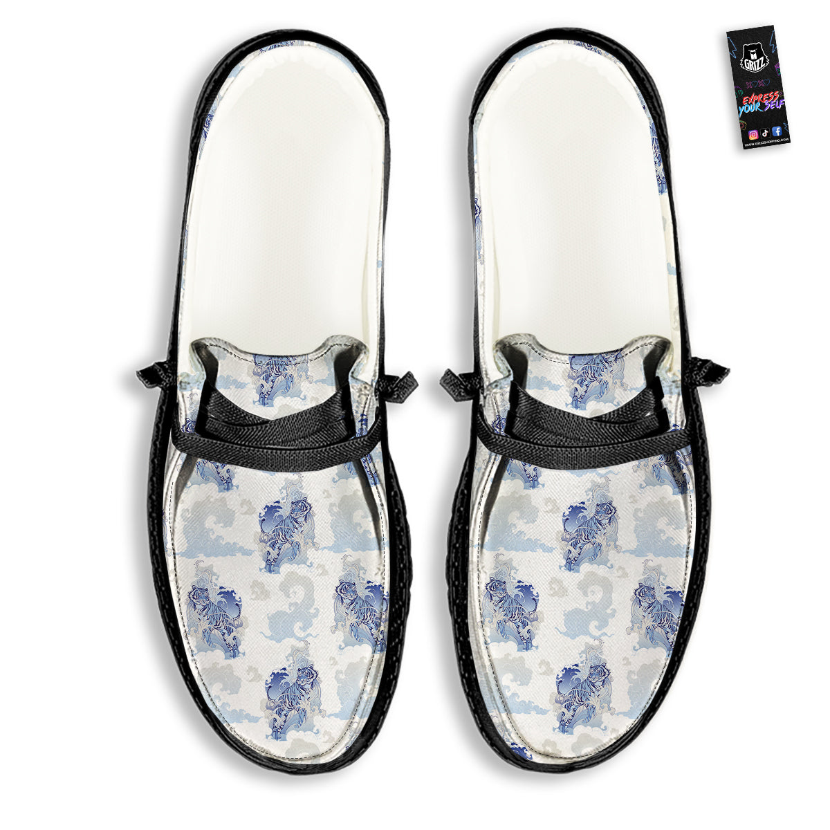 White Tiger Tattoo Japanese Print Pattern Black Loafers-grizzshop