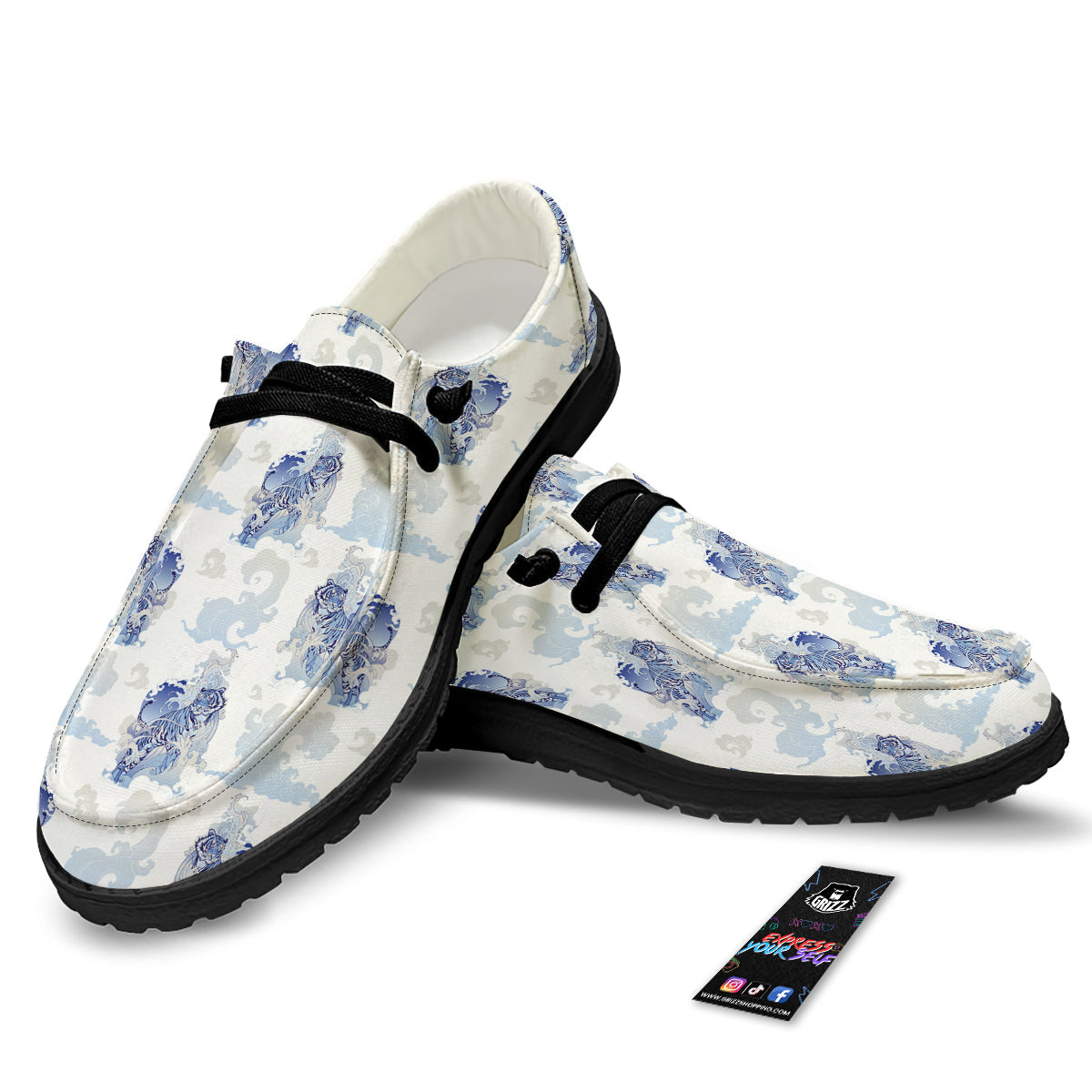 White Tiger Tattoo Japanese Print Pattern Black Loafers-grizzshop