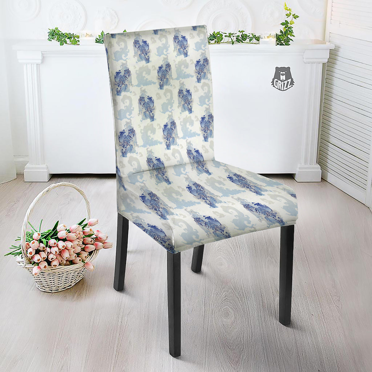 White Tiger Tattoo Japanese Print Pattern Dining Chair Slipcover-grizzshop