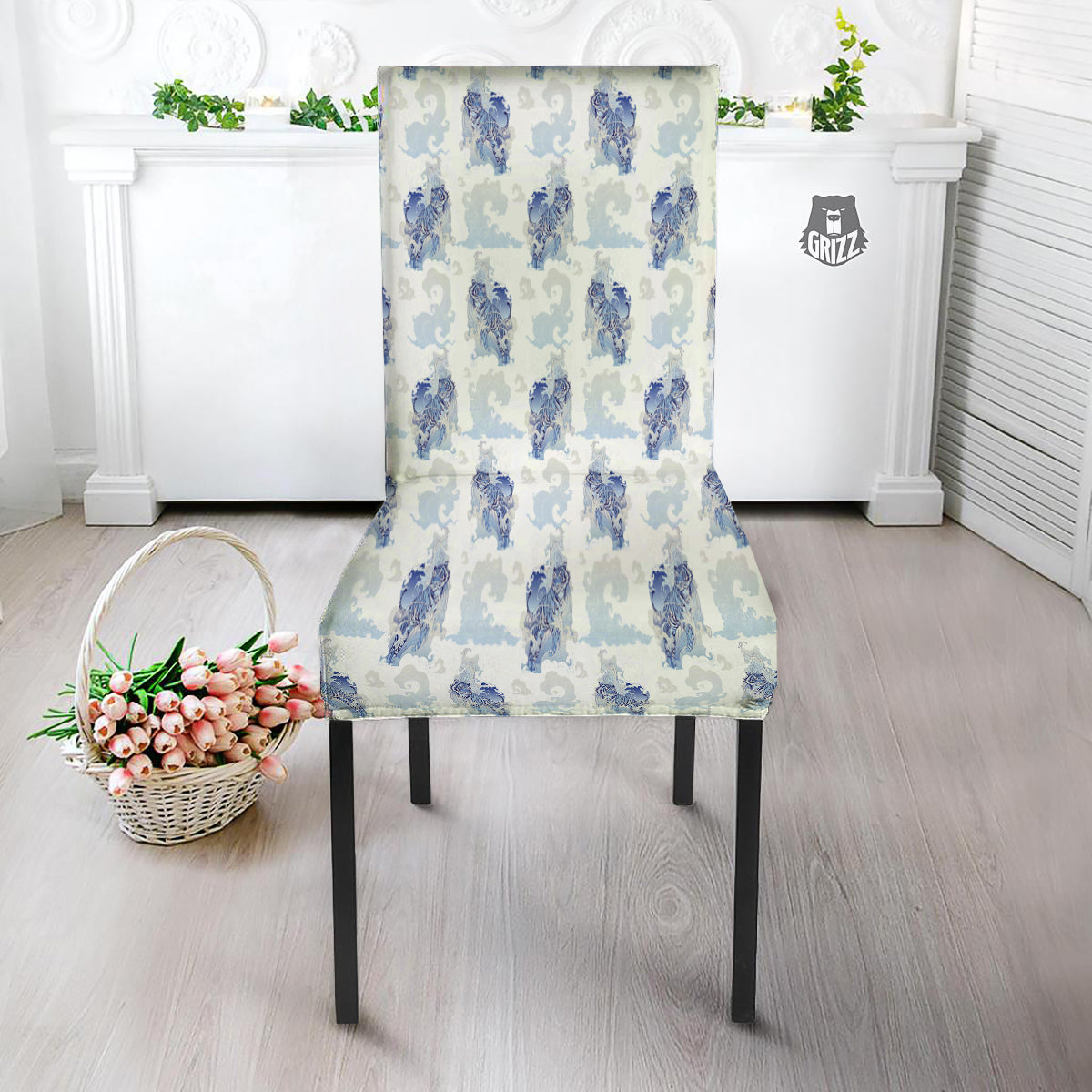 White Tiger Tattoo Japanese Print Pattern Dining Chair Slipcover-grizzshop