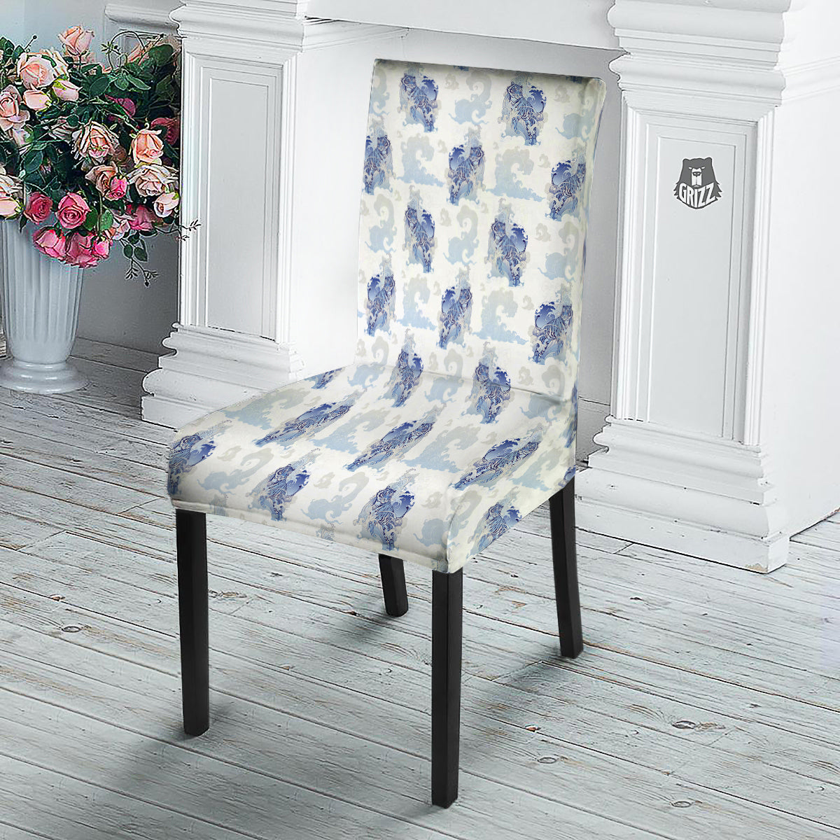 White Tiger Tattoo Japanese Print Pattern Dining Chair Slipcover-grizzshop