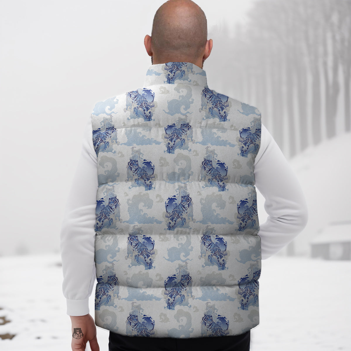 White Tiger Tattoo Japanese Print Pattern Down Vest