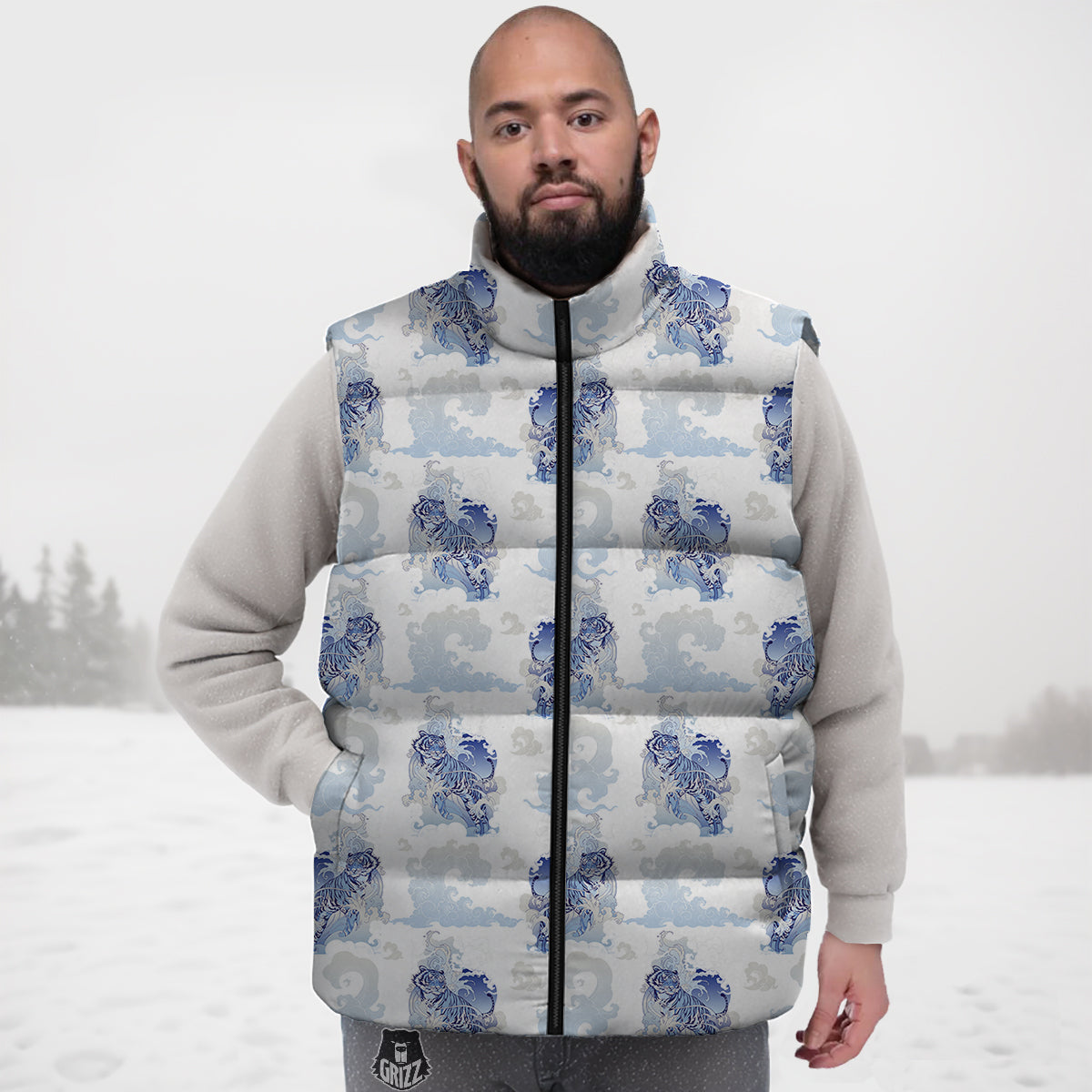 White Tiger Tattoo Japanese Print Pattern Down Vest