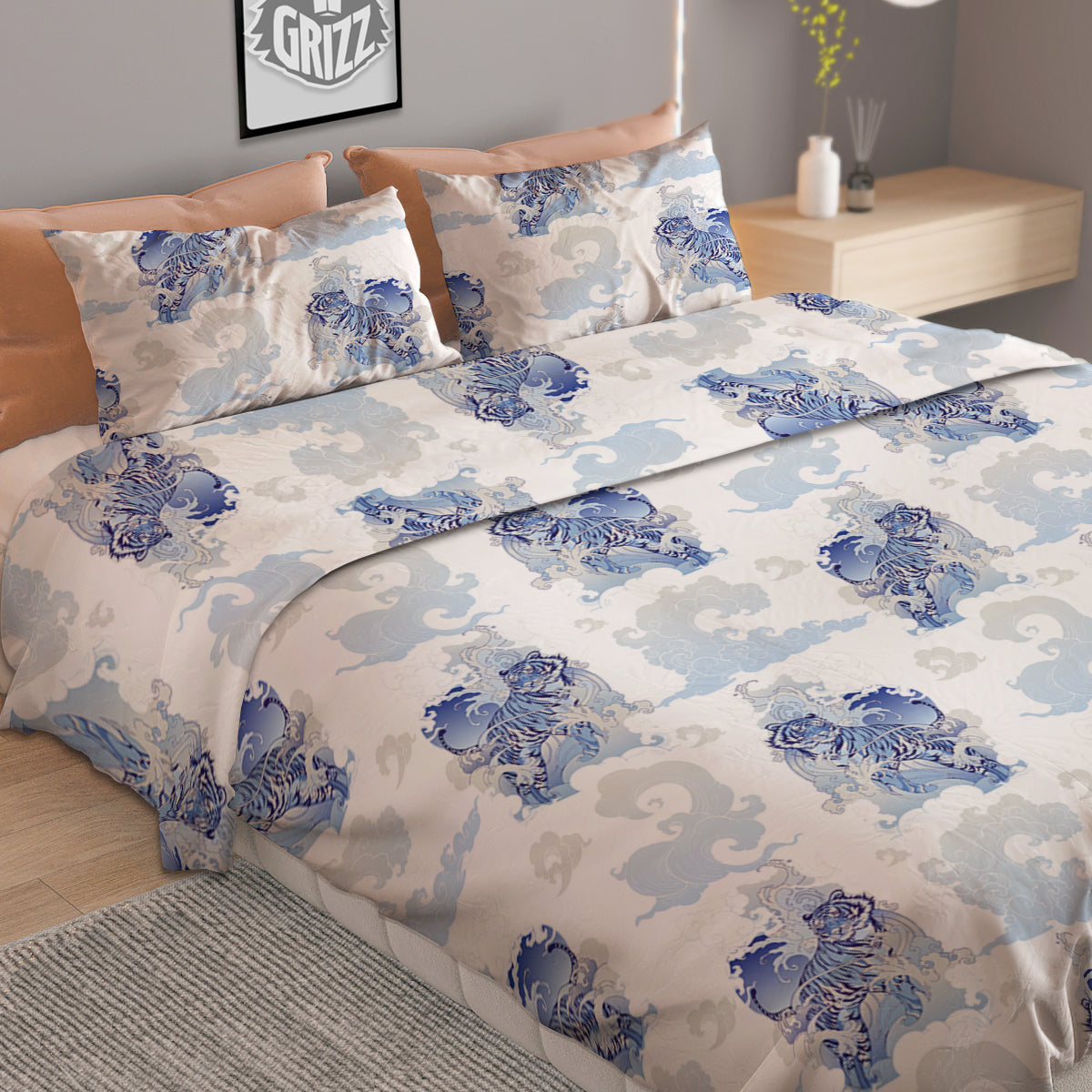 White Tiger Tattoo Japanese Print Pattern Duvet Cover Bedding Set