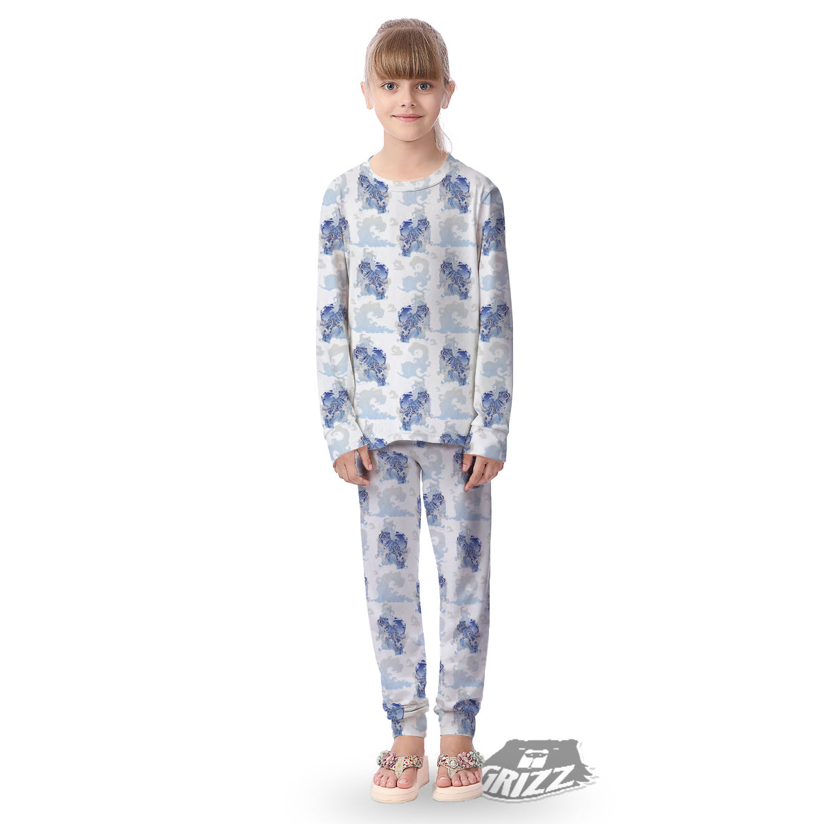 White Tiger Tattoo Japanese Print Pattern Kid's Pajamas-grizzshop