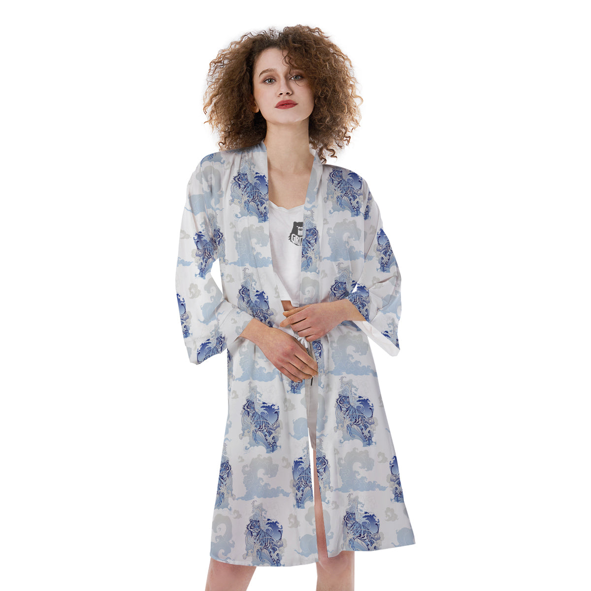 White Tiger Tattoo Japanese Print Pattern Kimono-grizzshop