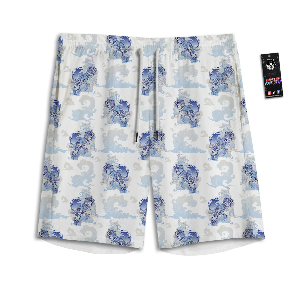 White Tiger Tattoo Japanese Print Pattern Men's Athletic Shorts