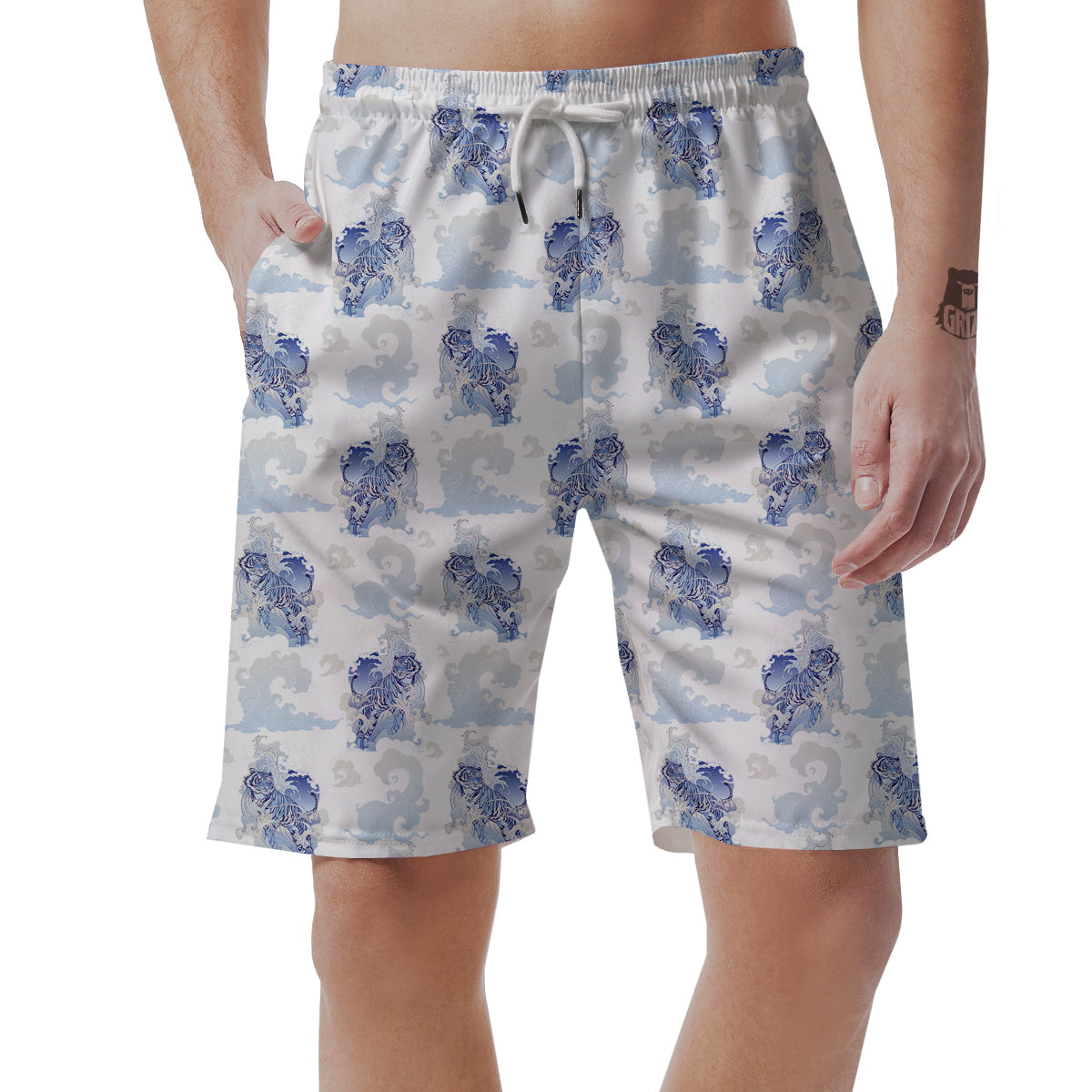 White Tiger Tattoo Japanese Print Pattern Men's Shorts-grizzshop