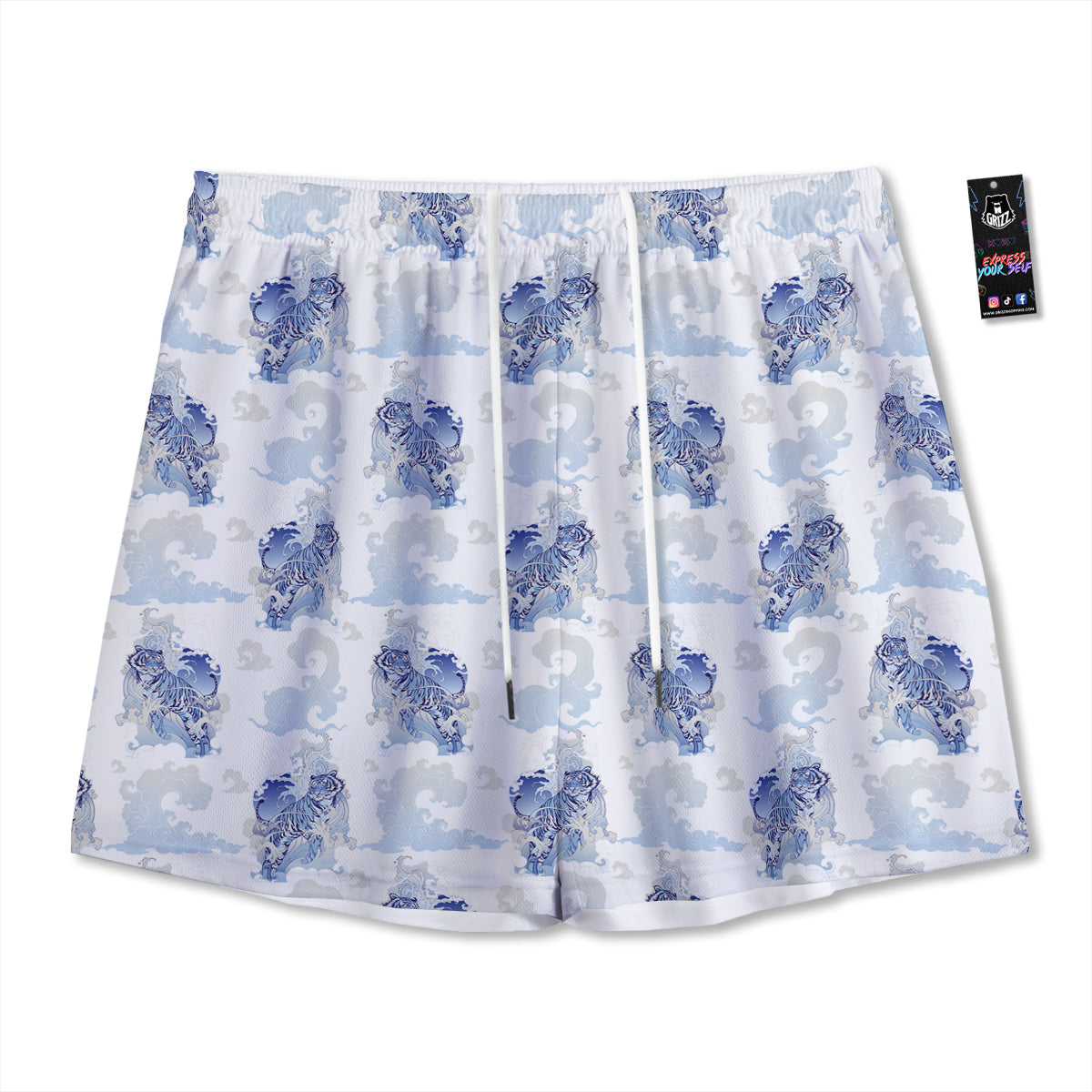 White Tiger Tattoo Japanese Print Pattern Mesh Shorts