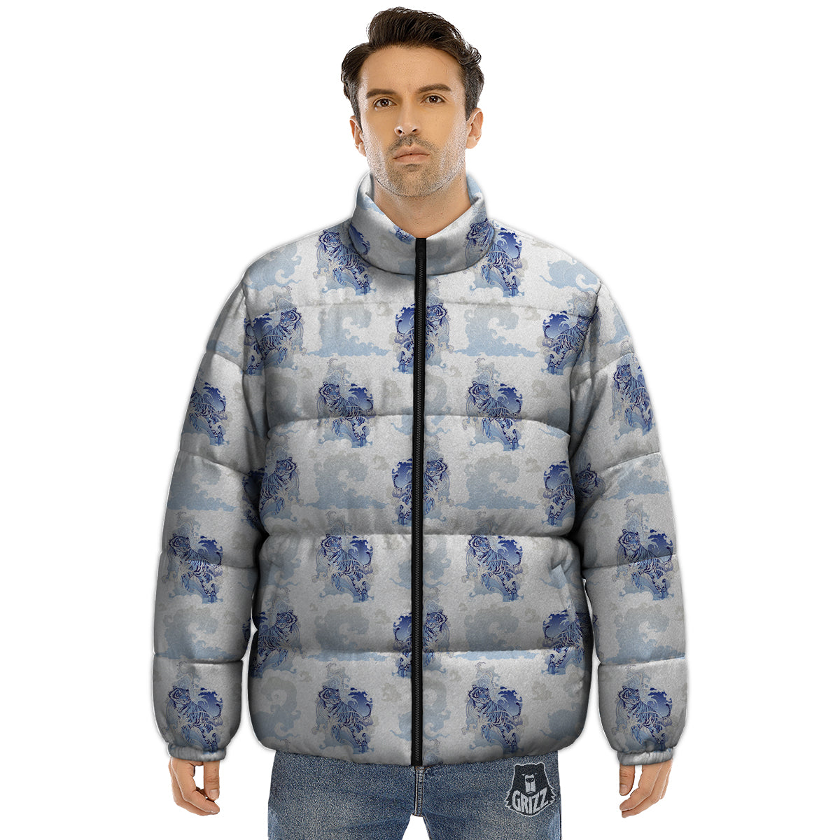 White Tiger Tattoo Japanese Print Pattern Puffer Jacket-grizzshop