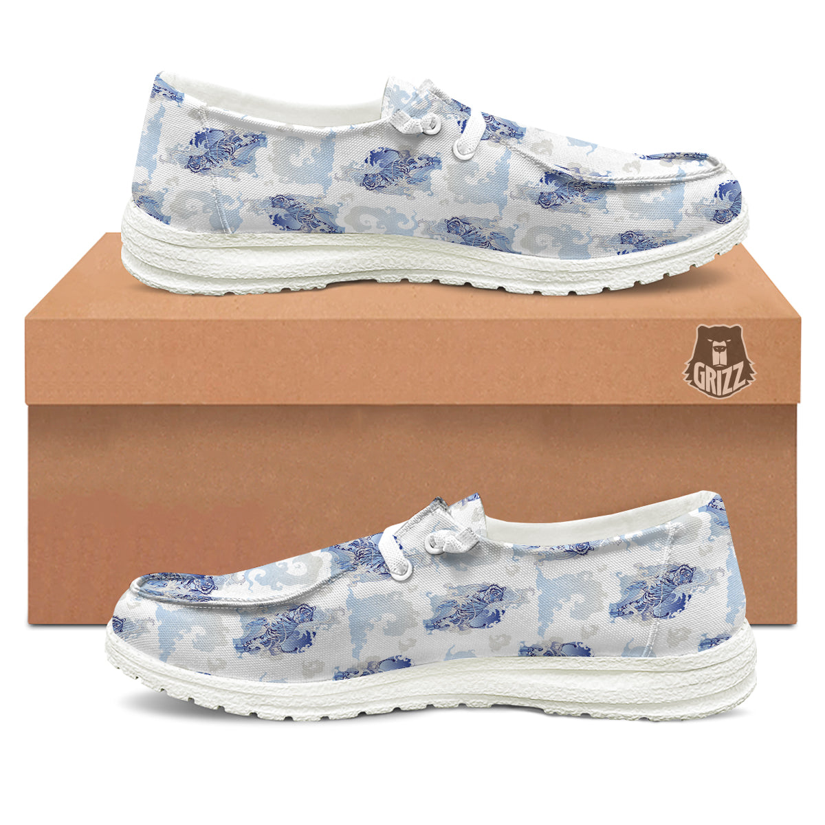 White Tiger Tattoo Japanese Print Pattern White Loafers-grizzshop