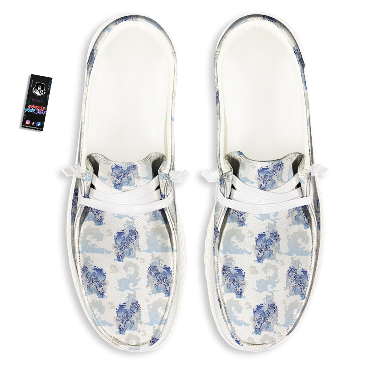 White Tiger Tattoo Japanese Print Pattern White Loafers-grizzshop