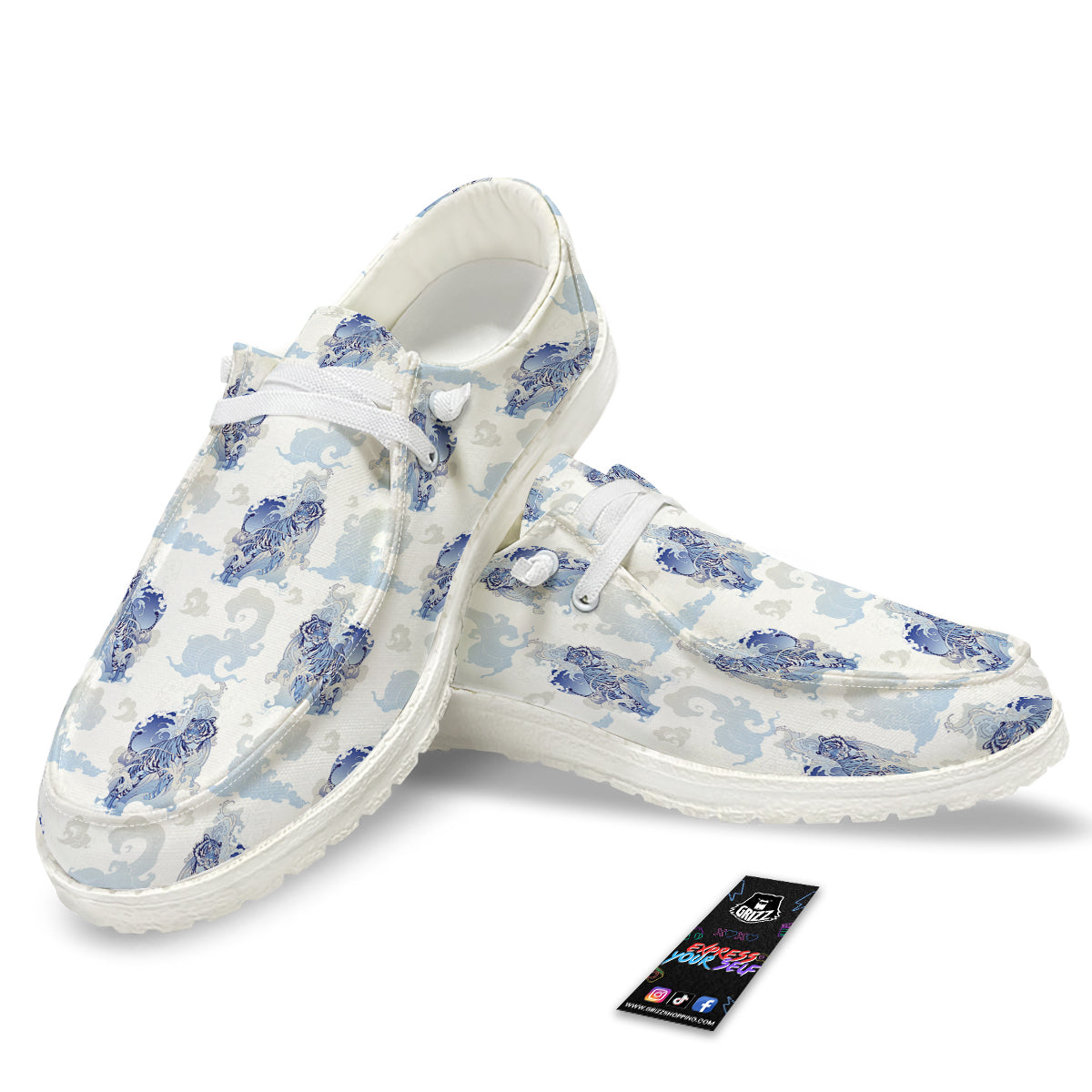 White Tiger Tattoo Japanese Print Pattern White Loafers-grizzshop