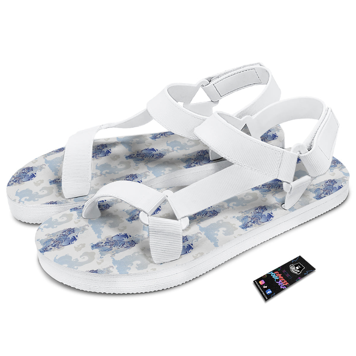White Tiger Tattoo Japanese Print Pattern White Open Toe Sandals-grizzshop