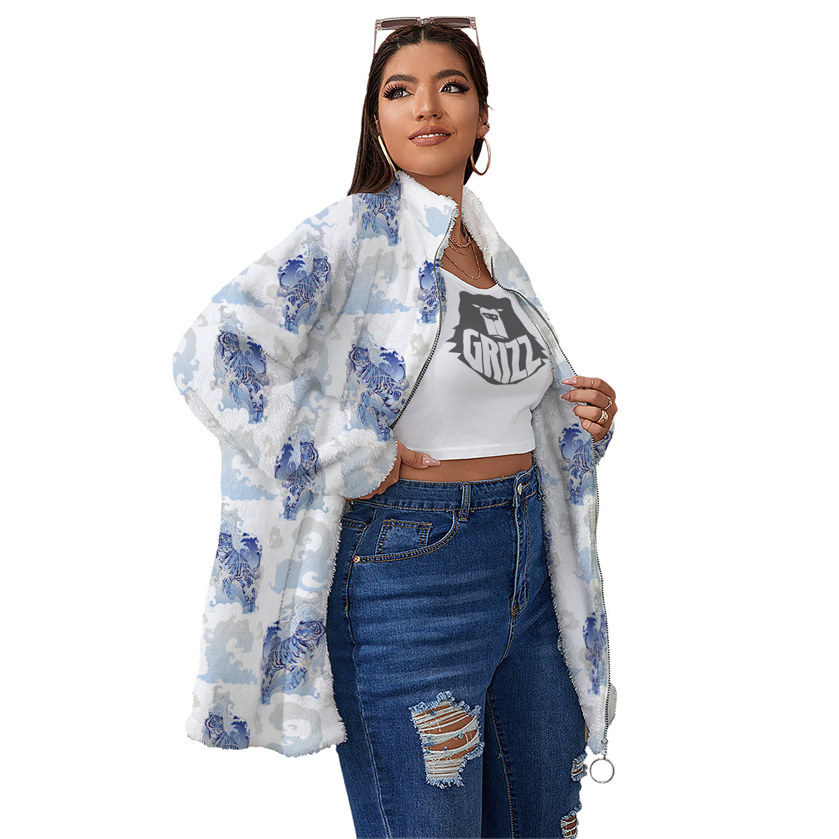 White Tiger Tattoo Japanese Print Pattern Women's Sherpa Jacket-grizzshop
