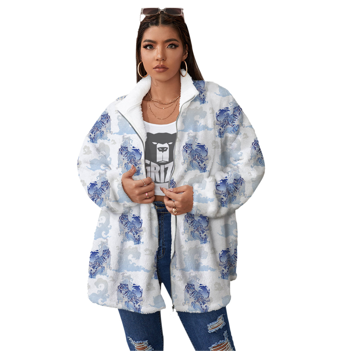 White Tiger Tattoo Japanese Print Pattern Women's Sherpa Jacket-grizzshop