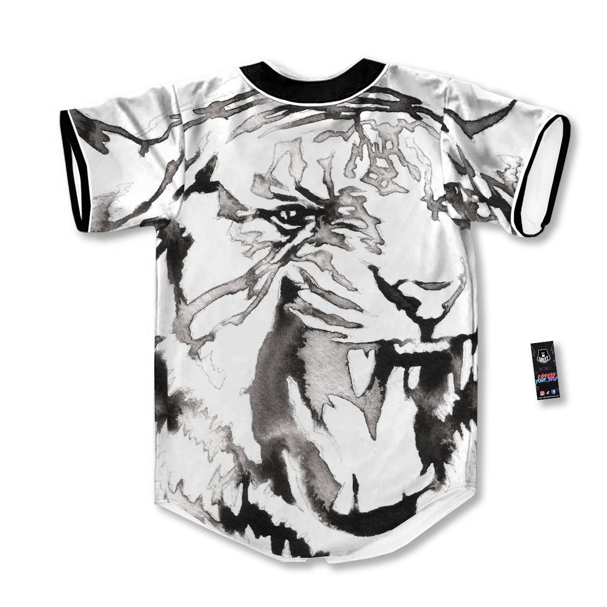 White Tiger Watercolor Monochrome Print Baseball Jersey-grizzshop