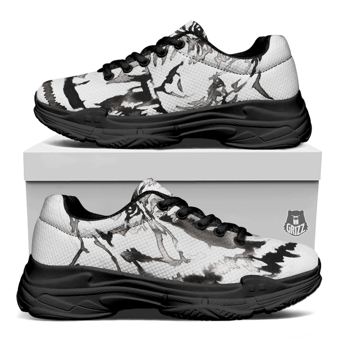 White Tiger Watercolor Monochrome Print Black Chunky Shoes-grizzshop