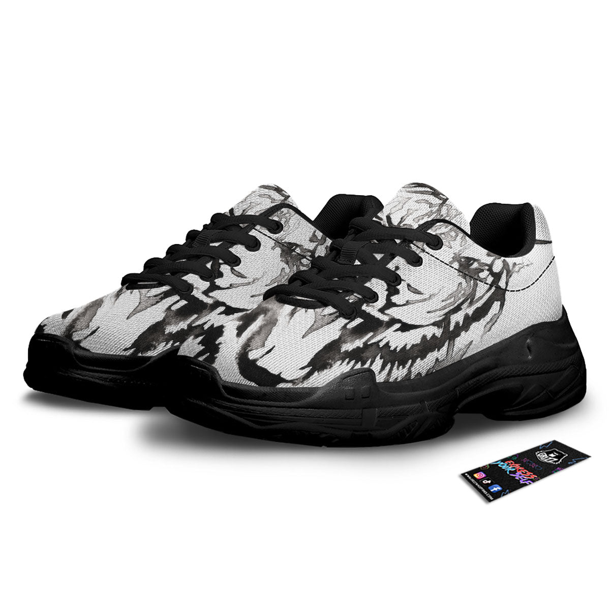 White Tiger Watercolor Monochrome Print Black Chunky Shoes-grizzshop