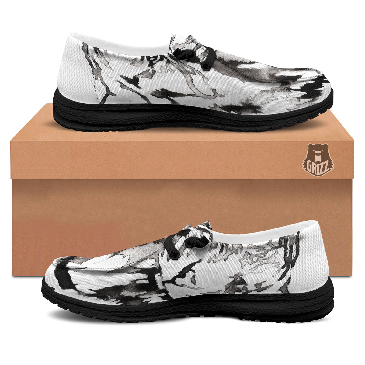White Tiger Watercolor Monochrome Print Black Loafers-grizzshop