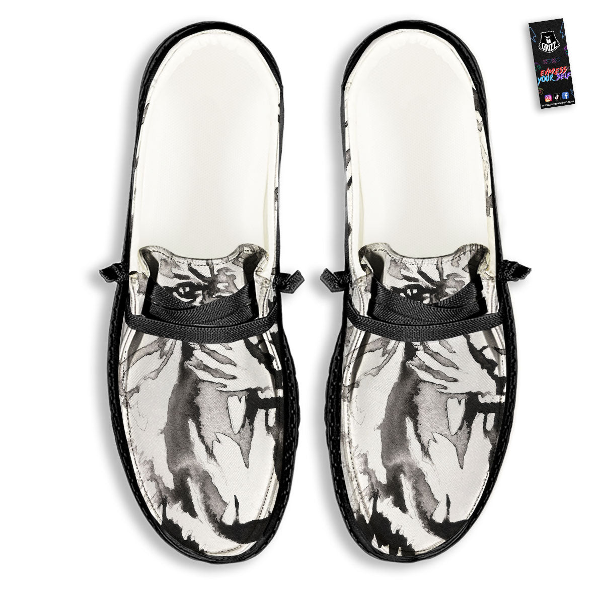 White Tiger Watercolor Monochrome Print Black Loafers-grizzshop