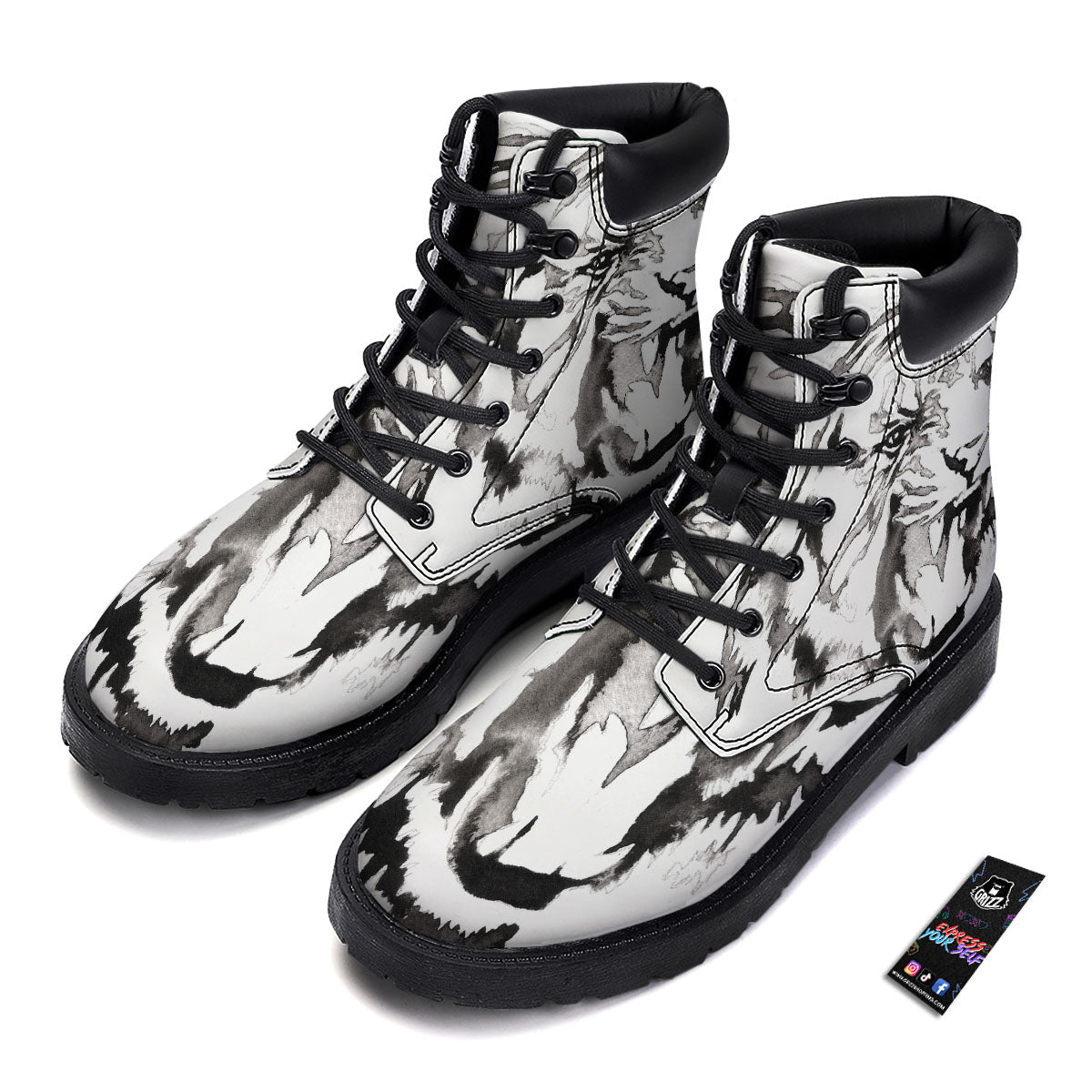 White Tiger Watercolor Monochrome Print Boots-grizzshop