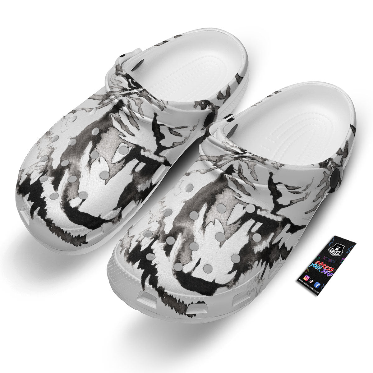 White Tiger Watercolor Monochrome Print Clog-grizzshop