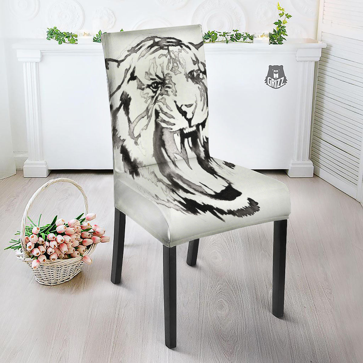 White Tiger Watercolor Monochrome Print Dining Chair Slipcover-grizzshop
