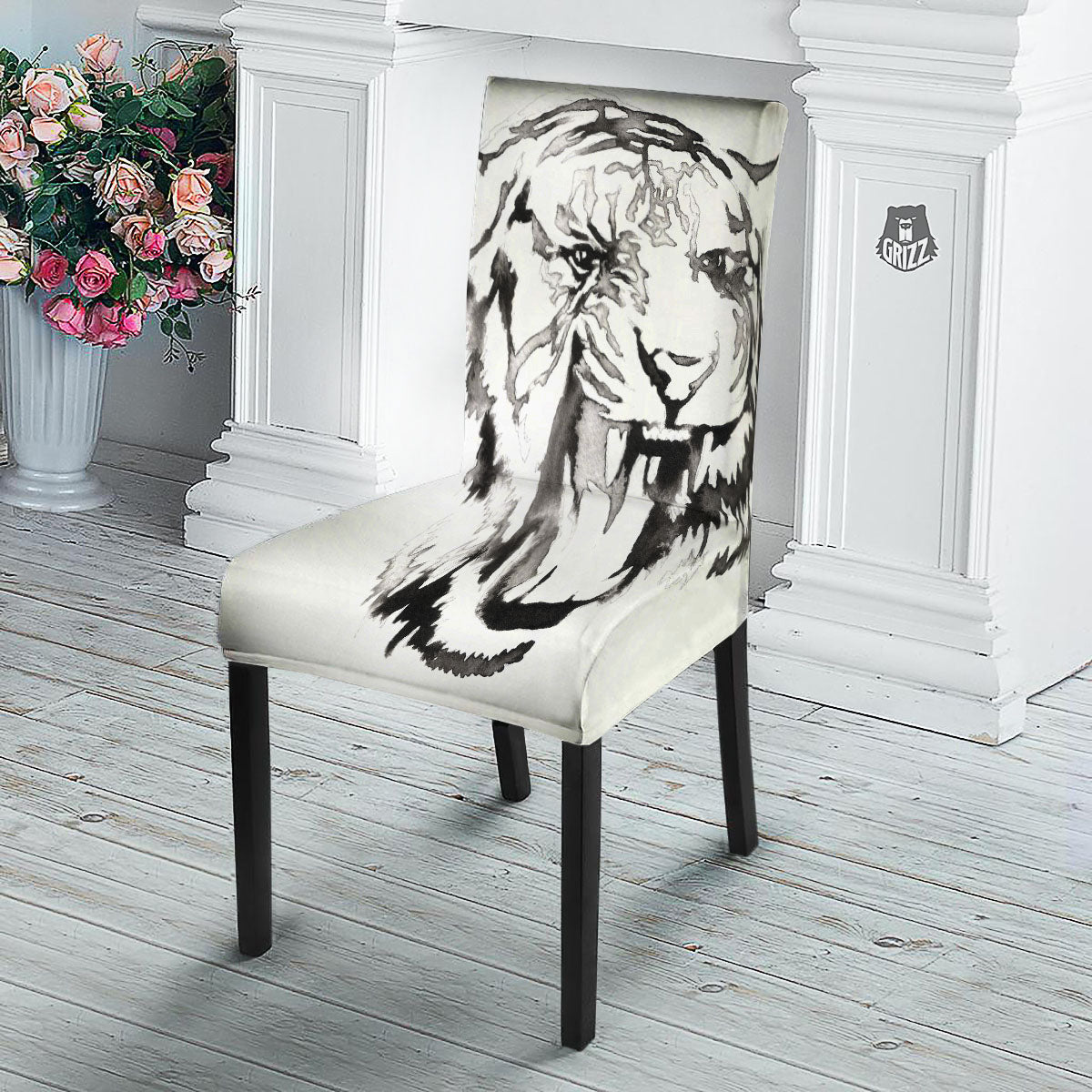 White Tiger Watercolor Monochrome Print Dining Chair Slipcover-grizzshop