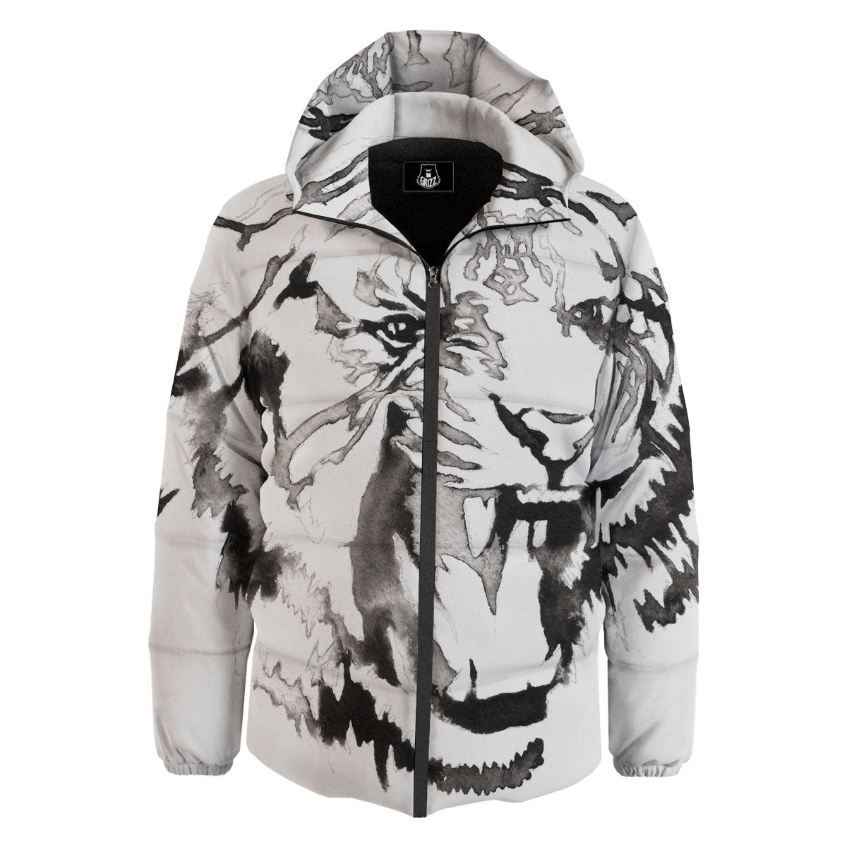 White Tiger Watercolor Monochrome Print Down Jacket-grizzshop