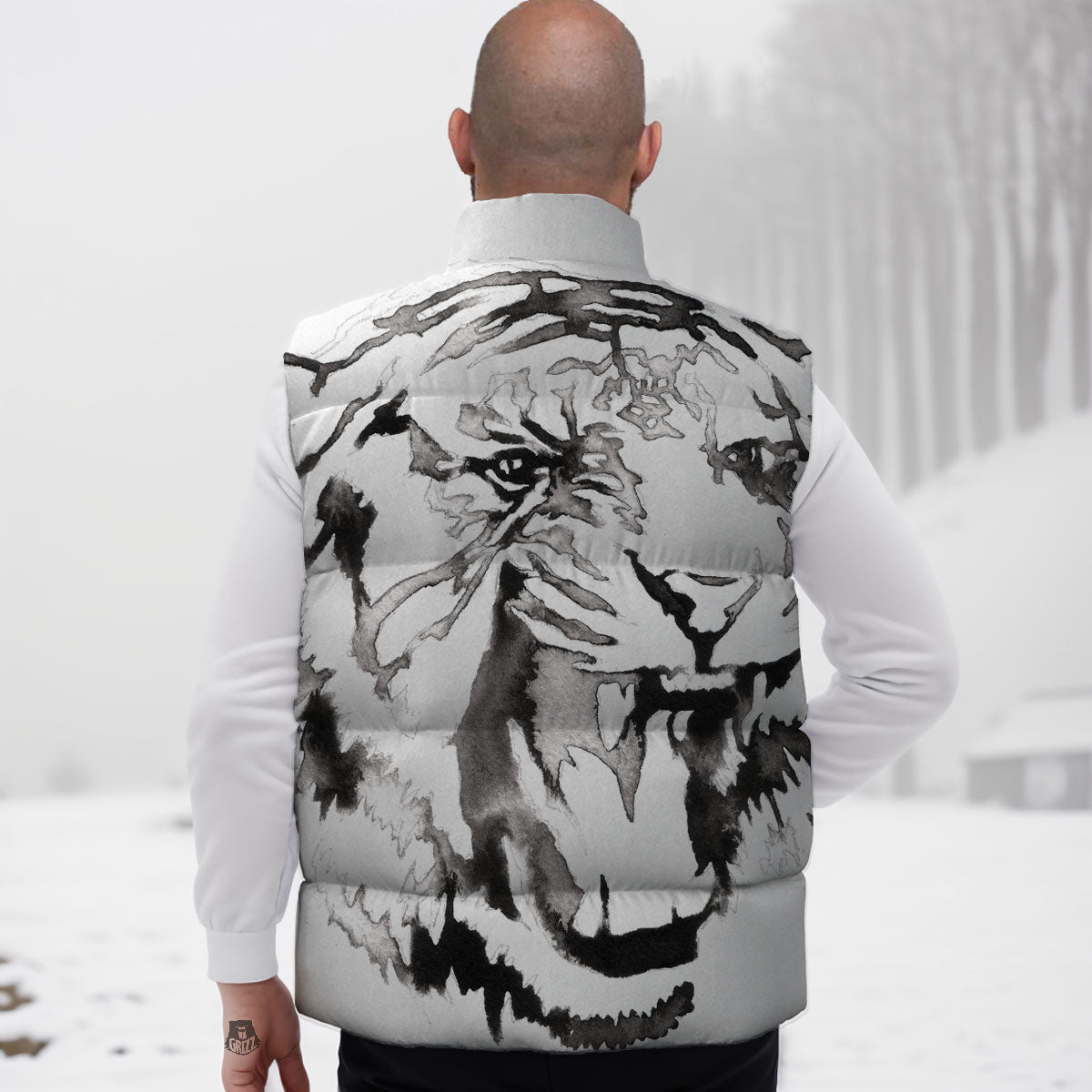 White Tiger Watercolor Monochrome Print Down Vest