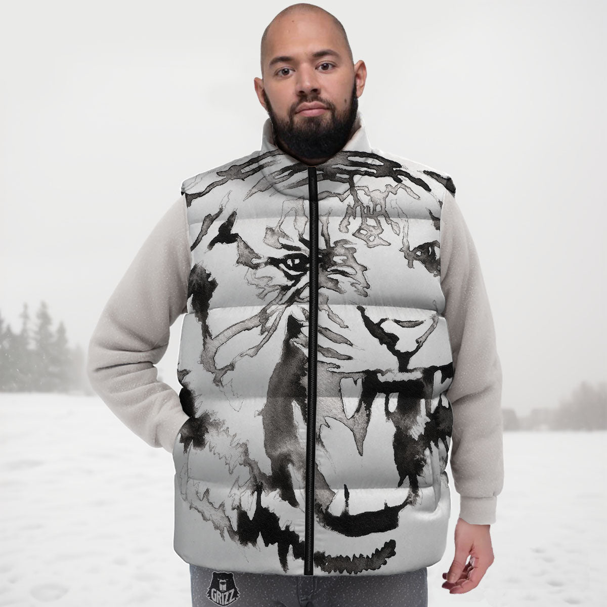 White Tiger Watercolor Monochrome Print Down Vest