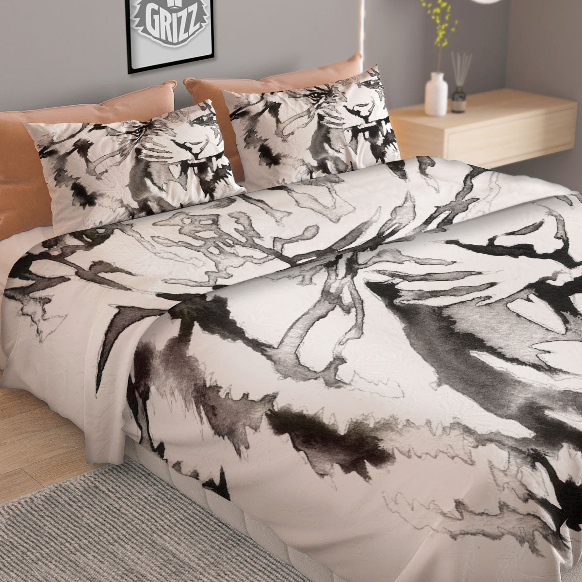 White Tiger Watercolor Monochrome Print Duvet Cover Bedding Set